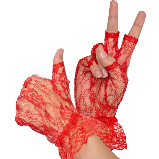 Fingerless Lace Red Gloves - Ladies and Girls Ruffled Lace Finger Free Bridal Wrist Gloves {4}