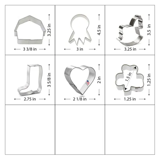 CookieCutter.com 6 Piece Horse Essentials Cookie Cutter Set Prize Ribbon, Rainboot, Barn, Rocking Horse, Heart, Mini Shamrock, Metal Shapes Made in USA, Silver {3}
