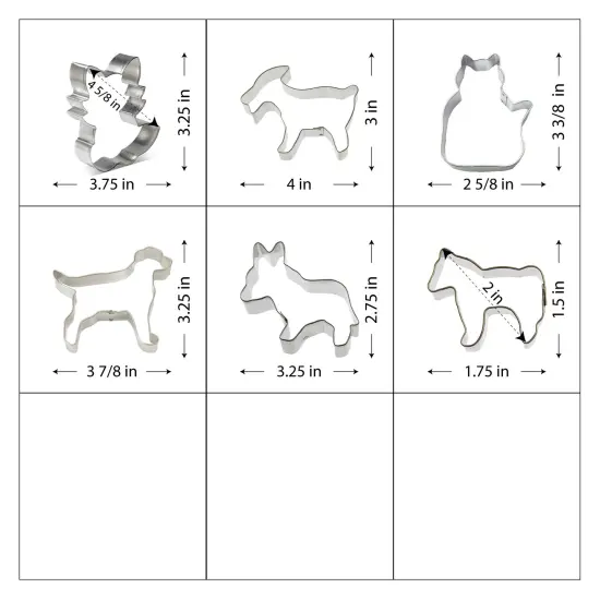 CookieCutter.com 6 Piece Horse Friends Cookie Cutter Set Goat, Mini Horse, Cat, Labrador Retriever Dog, Fox, Donkey, Metal Shapes Made in USA, Silver {3}
