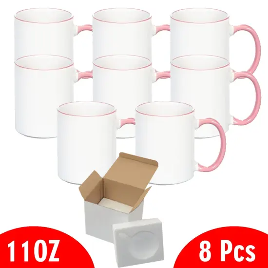8 Pcs 11OZ Pink Rim & Handle Sublimation Mugs With Foam Support Boxes {2}