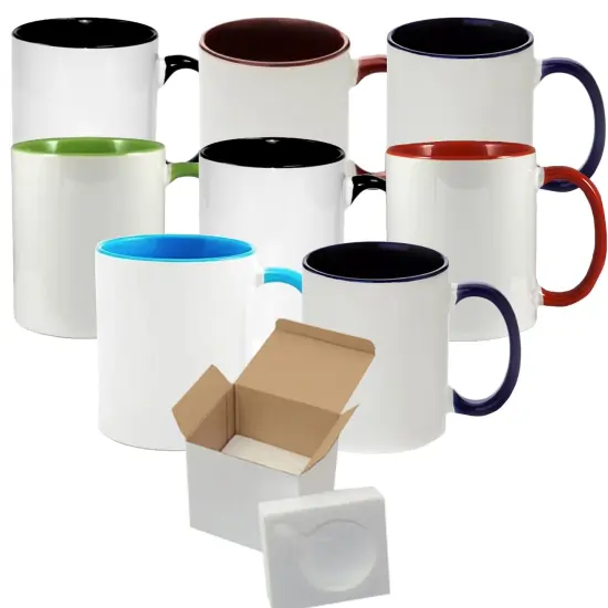 6 Pcs 15OZ El Grande MIXED Color Inner & Handle Sublimation Mugs With Foam Support Boxes {1}