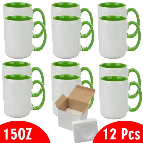 12 Pcs 15OZ El Grande Light Green Inside & Handle Sublimation Mugs With Foam Support Boxes {2}