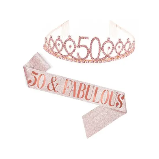 50 and Fabulous Glitter Sash Rhinestone Tiara Rose Gold {1}