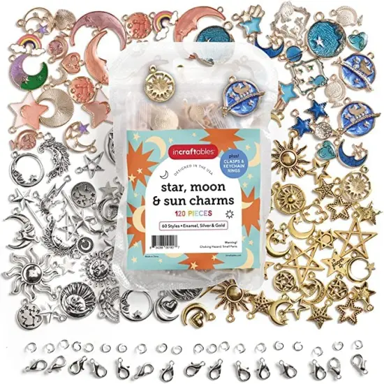 Incraftables Sun, Moon & Star Charms Pendants for DIY Bracelets, Jewelry, Keychain & Necklace Making. Bulk Mixed Assorted Enamel, Gold & Silver Charm set for Kids & Adults 120pcs (60 styles). {1}