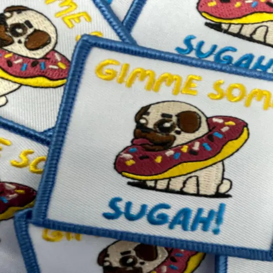 Patched Up Pup: "Gimme Some Sugah" Iron-on Embroidered Patch for Dogs, Sz. 2.5" inches {5}