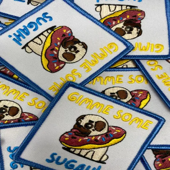 Patched Up Pup: "Gimme Some Sugah" Iron-on Embroidered Patch for Dogs, Sz. 2.5" inches {1}