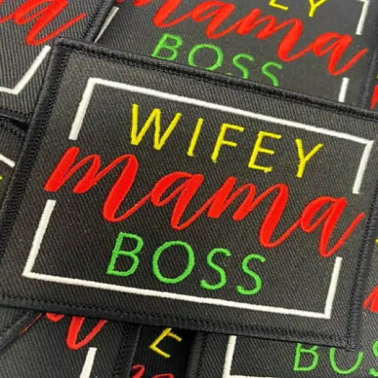 "Wifey, Mama, Boss" (Blk, Red, Yellow) Iron-on Patch for Denim Jackets, Size 4"x4" inches {3}