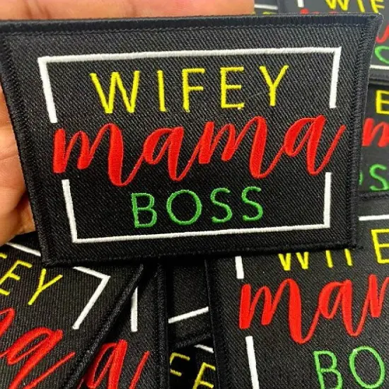 "Wifey, Mama, Boss" (Blk, Red, Yellow) Iron-on Patch for Denim Jackets, Size 4"x4" inches {1}