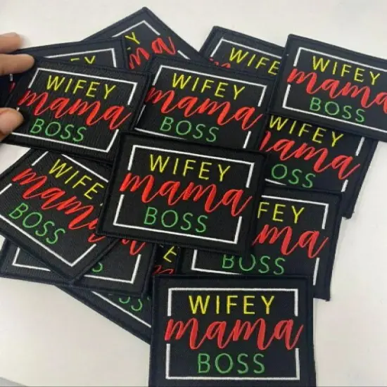 "Wifey, Mama, Boss" (Blk, Red, Yellow) Iron-on Patch for Denim Jackets, Size 4"x4" inches {2}