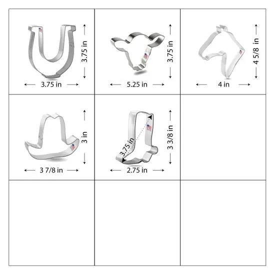 CookieCutter.com 5 Piece Rodeo Cookie Cutter Set Cowboy Boot, Horse Shoe, Horse Head, Steer Head, Metal Shapes Made in USA, Silver {3}