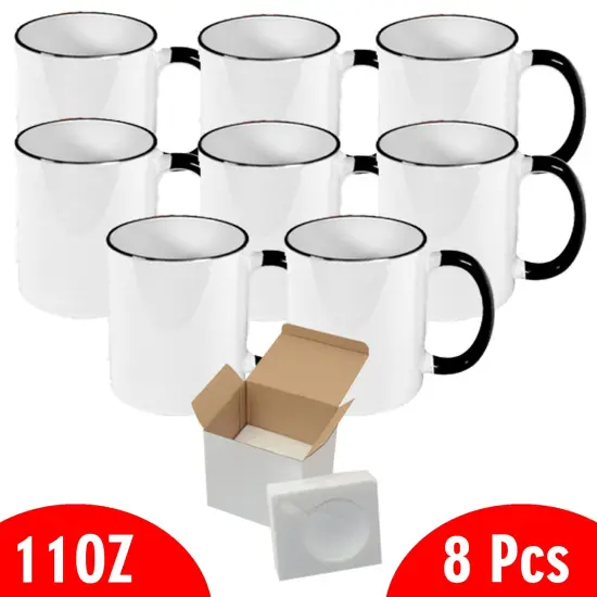 8 PCS 11OZ Sublimation Mug Coated Ceramic Mugs White Black Halo With Black Handle Sublimation Blanks Mugs for Coffee Milk Tea {2}