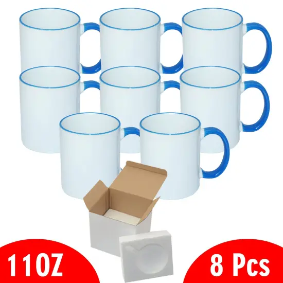 8 Pcs 11OZ Light Blue Rim & Handle Sublimation Mugs With Foam Support Boxes {2}