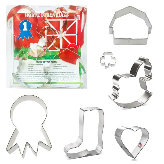 CookieCutter.com 6 Piece Horse Essentials Cookie Cutter Set Prize Ribbon, Rainboot, Barn, Rocking Horse, Heart, Mini Shamrock, Metal Shapes Made in USA, Silver {1}