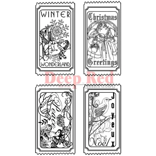 Deep Red Stamps Vintage Holiday Tickets Rubber Cling Stamp Set 4 x 2 inches {1}