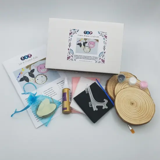 Ink and Trinket Kids Farm Animals Craft Kit, DIY Ornaments, Natural Wood Painting Set {2}