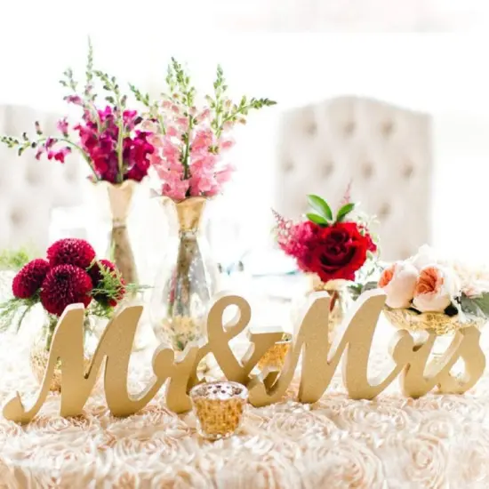 Gold Mr and Mrs Signs Sweetheart Decorations Wooden Freestanding Letters {3}