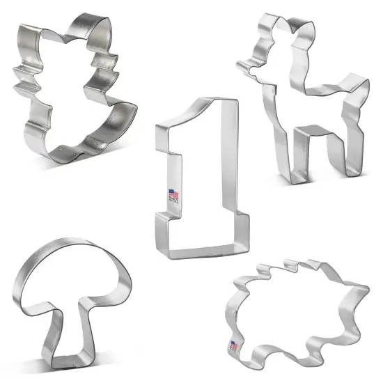 CookieCutter.com 5 Piece Woodland Birthday Cookie Cutter Set Fawn Deer, Mushroom, Collegiate Number One, Hedge Hog, Cute Fox, Metal Shapes Made in USA, Silver {3}
