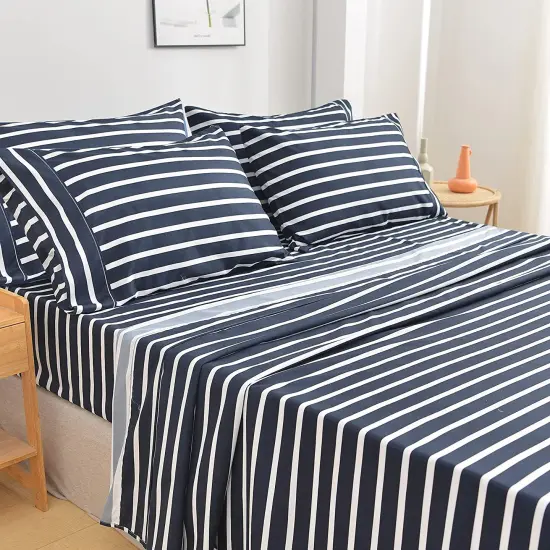American Home Collection Striped Bedding Sheets & Pillowcases Set Brushed Microfiber Wrinkle Free Sheet Set Navy {2}