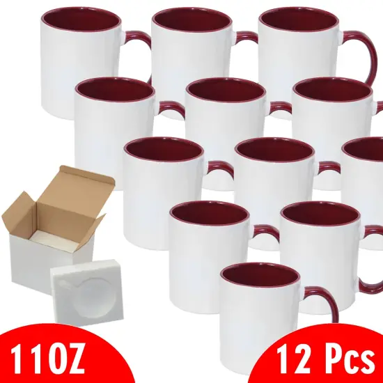 11 oz White Ceramic Sublimation Coffee Mug with DARK RED Color Inside/Handle -Cardboard Box with Foam Supports Case of 12 {2}