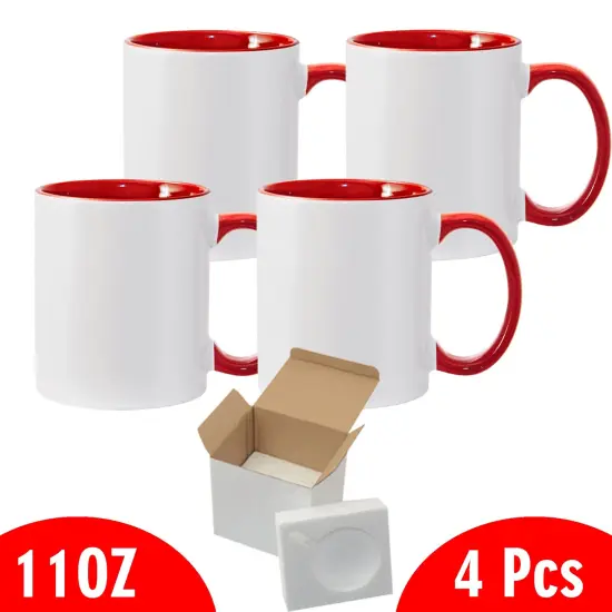 4 Pcs 11OZ Red Inside & Handle Sublimation Mugs With Foam Support Boxes {2}