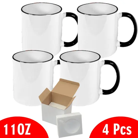 4 Pcs 11OZ Black Rim & Handle Sublimation Mugs With Foam Support Boxes {2}