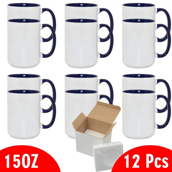 12 Pcs 15OZ El Grande Dark Blue Inside & Handle Sublimation Mugs With Foam Support Boxes {2}