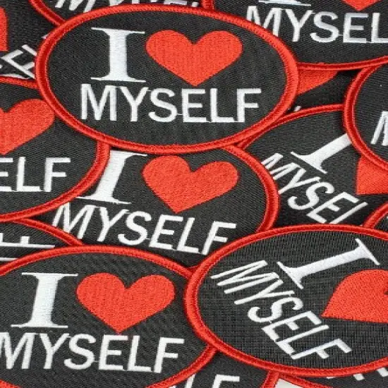 "I Love Myself" w/Red Border, Circular Emblem, Iron on Patch, Positive Vibes Applique, Size 3" inches {2}