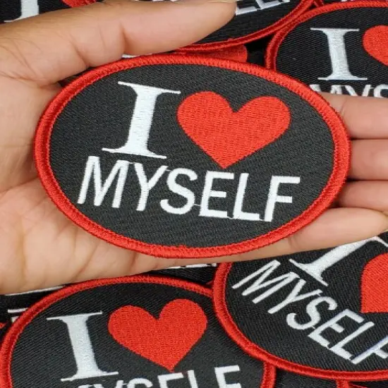 "I Love Myself" w/Red Border, Circular Emblem, Iron on Patch, Positive Vibes Applique, Size 3" inches {5}