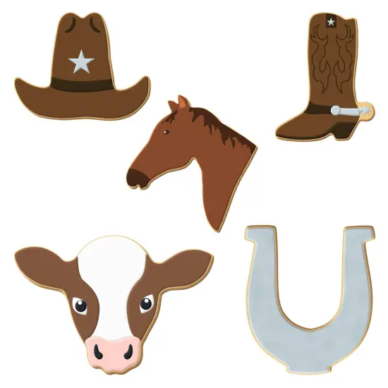 CookieCutter.com 5 Piece Rodeo Cookie Cutter Set Cowboy Boot, Horse Shoe, Horse Head, Steer Head, Metal Shapes Made in USA, Silver {2}