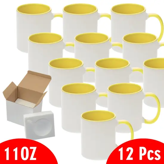 12 Pcs 11OZ Yellow Inside & Handle Sublimation Mugs With Foam Support Boxes {2}
