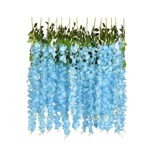 12pcs Artificial Wisteria Vine Hanging Rattan Garland Silk Flower for Wedding Party Home Garden Outdoor Ceremony Floral D&eacute;cor, Blue {6}