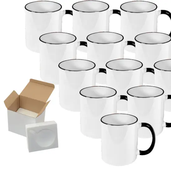 Case of 12 Pcs 11oz Sublimation Blank All White and Black with Black Handle-Case Mugs With Gift Mug Box. Mugs - Cardboard Box with Foam Supports {1}