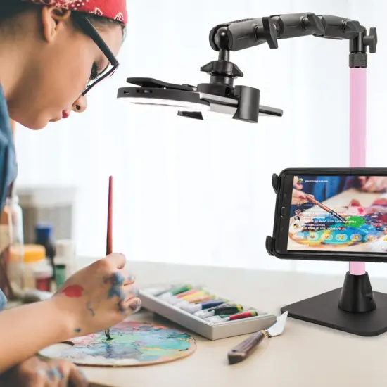 Remarkable Creator Pro+Plus Overhead Phone or Camera Mount with Tablet Holder and Ring Light, Desk Mount, Pink, by Arkon Mounts RCBTABLEDPK {4}