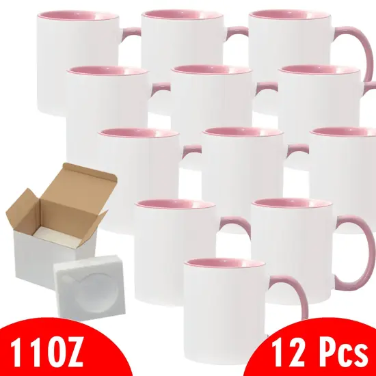 12 Pcs 11OZ Pink Inside & Handle Sublimation Mugs With Foam Support Boxes {2}
