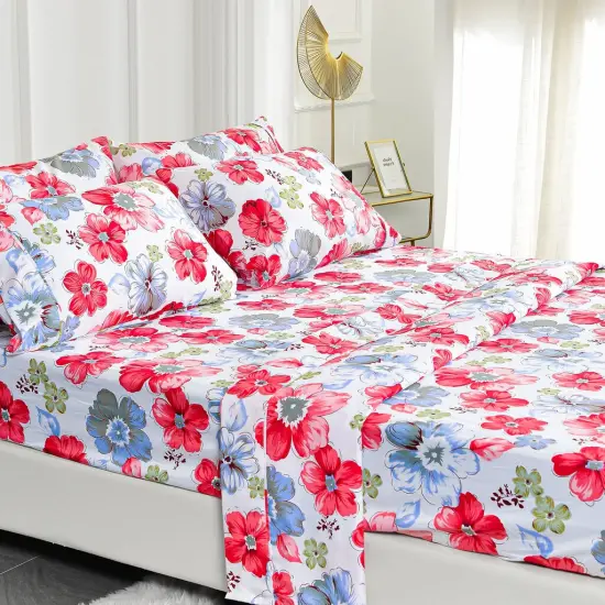 American Home Collection Flowers Bedding Sheets & Pillowcases Set Brushed Microfiber Wrinkle Free Sheet Set Red {1}