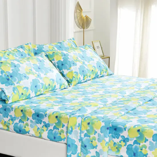 American Home Collection Flowers Bedding Sheets & Pillowcases Set Brushed Microfiber Wrinkle Free Sheet Set Blue {1}