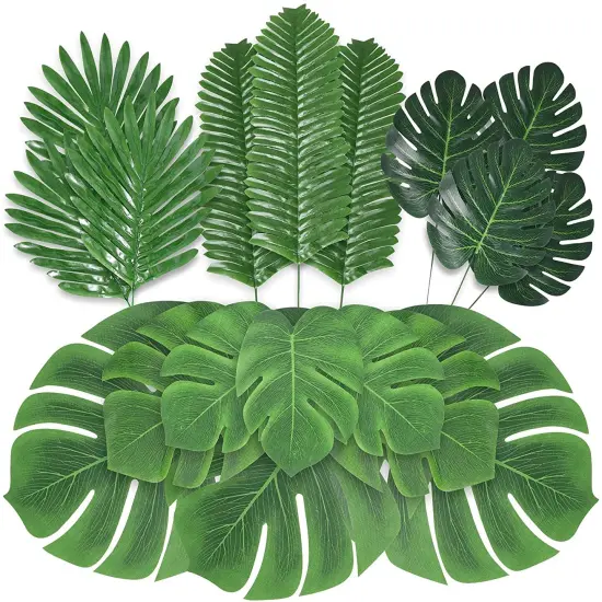 34pcs Artificial Tropical Palm Leaves Fake Monstera Leaf Summer Tropical Fiesta Party Decorations, Flamingo Hawaiian Party Supplies {1}