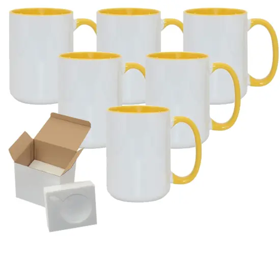 6 Pcs 15OZ El Grande Yellow Inside & Handle Sublimation Mugs With Foam Support Boxes {1}