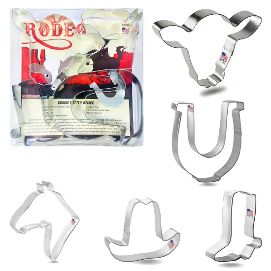 CookieCutter.com 5 Piece Rodeo Cookie Cutter Set Cowboy Boot, Horse Shoe, Horse Head, Steer Head, Metal Shapes Made in USA, Silver {1}