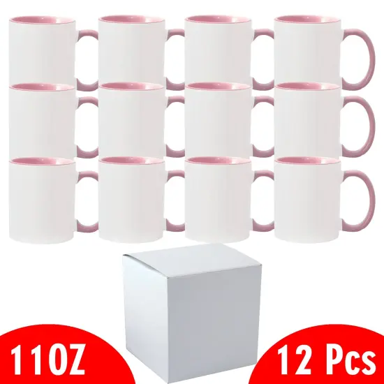 12 Pcs 11OZ Pink Inner & Handle Sublimation Mugs With Individual White Boxes {2}
