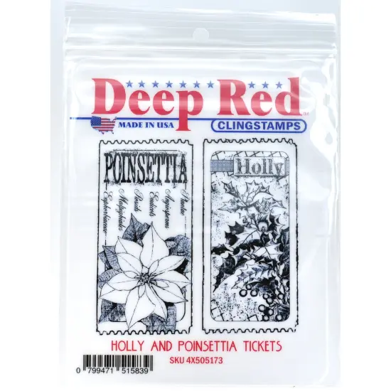 Deep Red Stamps Holly and Poinsettia Tickets Rubber Cling Stamp 3 x 3.1 inches {2}