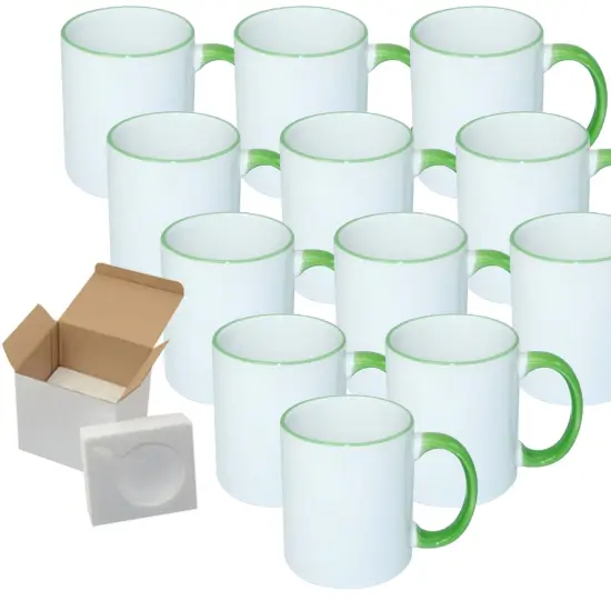 12 Pcs 11OZ Light Green Rim & Handle Sublimation Mugs With Foam Support Boxes {1}