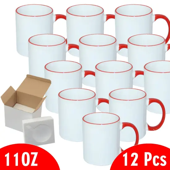 12 Pcs 11OZ Red Rim & Handle Sublimation Mugs With Foam Support Boxes {2}