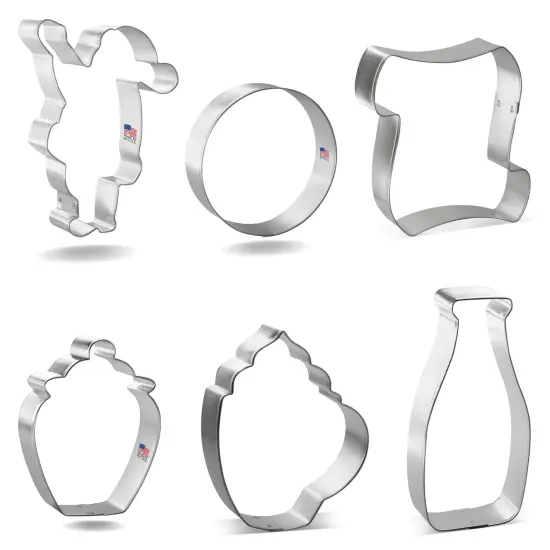 CookieCutter.com 6 Piece Christmas Santa Cookie Cutter Set Scroll, Milk Bottle, Waving Santa, Circle Cookie, Cookie Jar, Coffee Mug, Metal Shapes Made in USA, Silver {3}