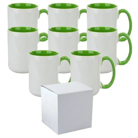 8 Pcs 15OZ El Grande Light Green Inside & Handle Sublimation Mugs With Foam Support Boxes {1}