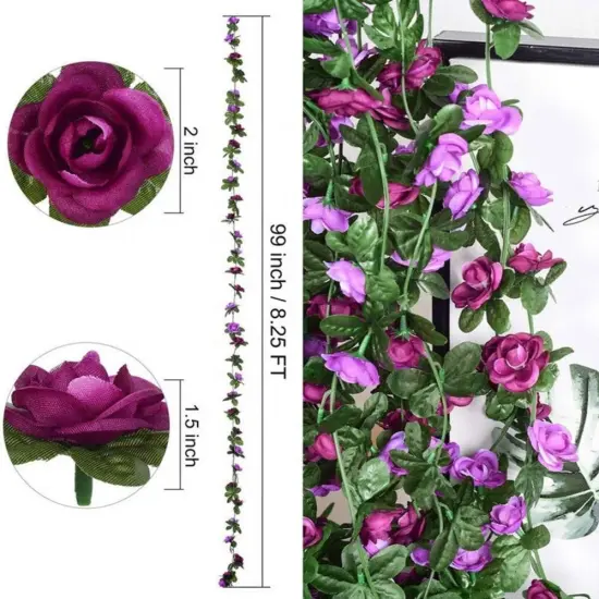 5pack Artificial Rose Rattan Garland Fake Rose Vine Hanging Rose Ivy Purple Flowers Home Hotel Office Wedding Party Garden Craft Art Decoration {3}