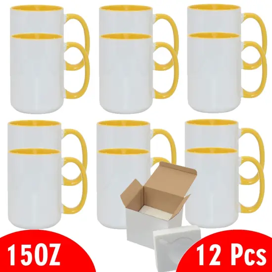 12 Pcs 15OZ El Grande Yellow Inside & Handle Sublimation Mugs With Foam Support Boxes {2}