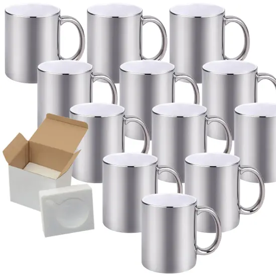 12 Pack of 11OZ METALLIC SILVER inner & Handle Sublimation Ceramic Mugs - Professional Grade - Cardboard Box with Foam Supports {1}