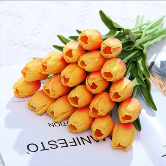 10Pcs Artificial Real Touch Tulips Faux Tulip Stems Wedding Bouquet (Orange) {2}
