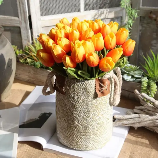 10Pcs Artificial Real Touch Tulips Faux Tulip Stems Wedding Bouquet (Orange) {3}